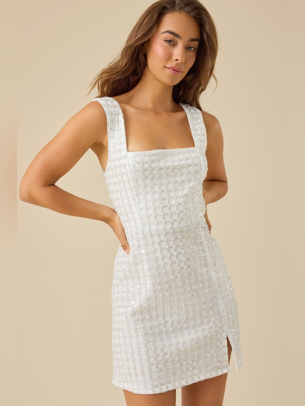 Altar’d State Square Neck White beaded Mateo Mini Dress